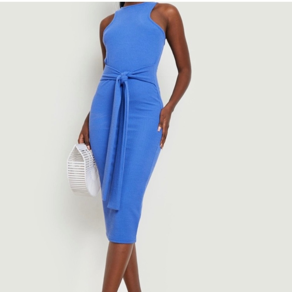 Boohoo | S | New Chic Blue Midi Dress with Waist Tie size 6 small racer back